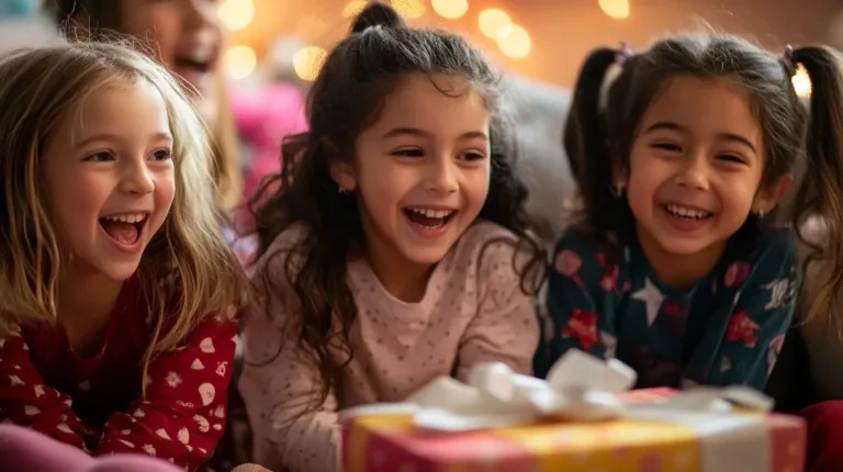 3 7-jährige Mädchen packen ein Geschenk aus und freuen sich