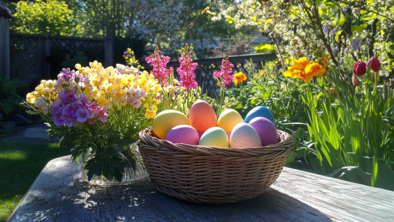 50 zauberhafte Geschenkideen zu Ostern 2026 13 Es stehen bunte Ostereier in einem Korb auf einem Tisch, daneben ein schöner Frühlingsstraus. Das Ganze befindet sich in einem schönem Garten.