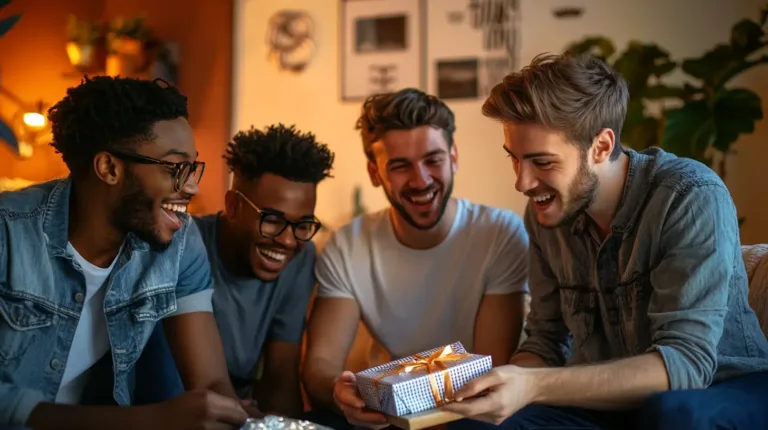 Eine Gruppe von 30 jährigen Männern schaut auf ein Geschenk