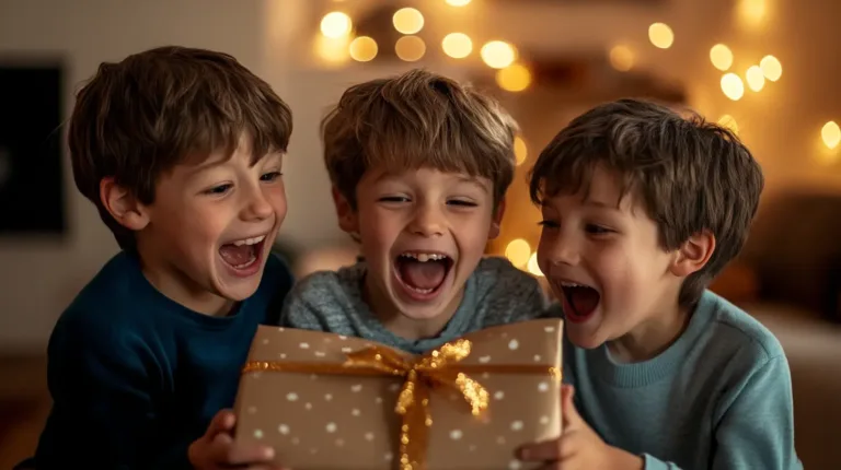 drei 7 jährige Jungen freuen sich, da sie ein Geschenk aufmachen dürfen