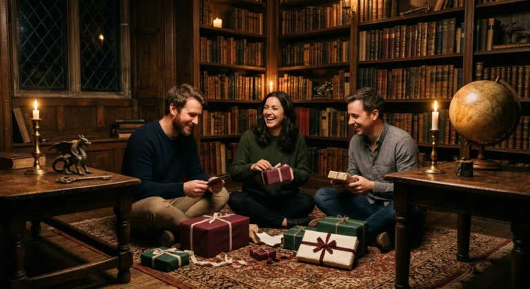 102 magische Harry Potter Geschenke 23 Drei Freunde sitzen in gemütlicher Bibliothek und öffnen verpackte Geschenke, umgeben von Kerzen, alten Büchern und Globus