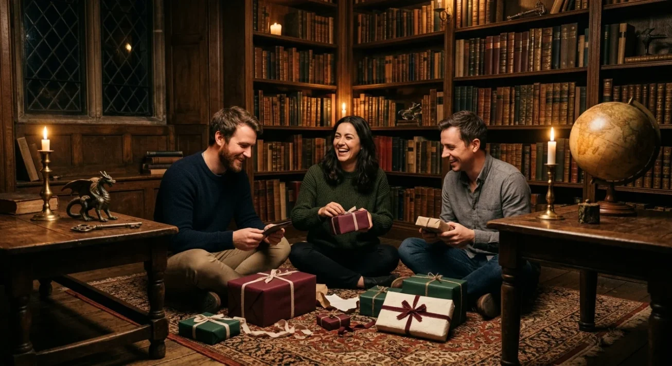 Drei Freunde sitzen in gemütlicher Bibliothek und öffnen verpackte Geschenke, umgeben von Kerzen, alten Büchern und Globus