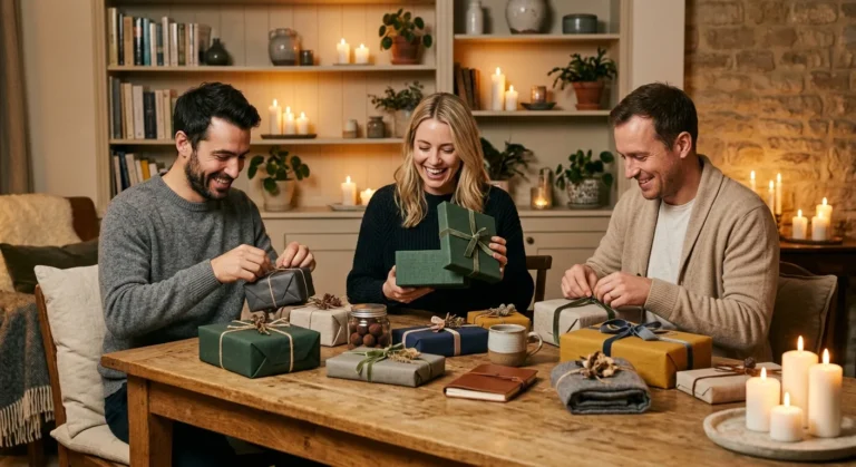 Drei Erwachsene verpacken kleine Geschenke an einem Holztisch in gemütlich beleuchtetem Wohnzimmer mit Kerzen