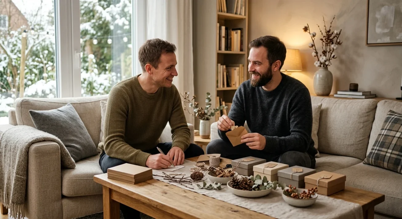 Zwei Männer befüllen im Wohnzimmer kleine Geschenkboxen auf dem Couchtisch, mit Winterdeko und Blick auf verschneiten Garten.