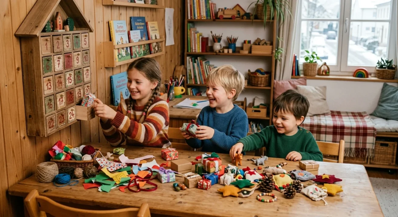 Drei Kinder befüllen einen hölzernen Adventskalender und basteln kleine Geschenke am Tisch