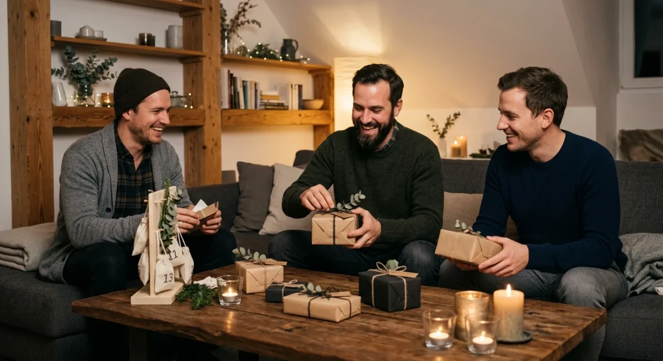 Drei Männer öffnen naturverpackte Geschenke im Wohnzimmer, Kerzen brennen, daneben steht ein selbstgemachter Adventskalender