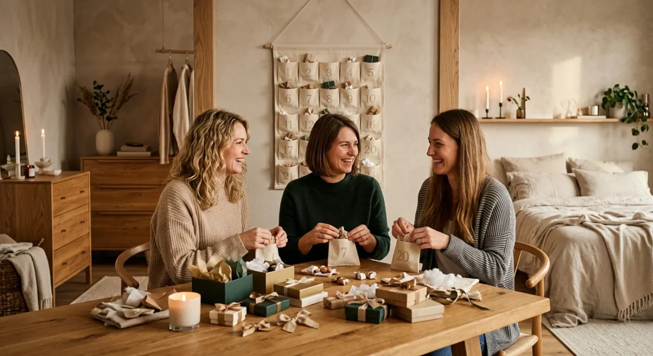 Drei Frauen befüllen am Holztisch kleine Stoffbeutel und verpacken Geschenke in einer warmen, gemütlichen Wohnung.