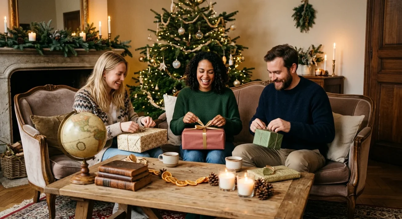Drei Erwachsene öffnen Geschenke auf einem Sofa vor einem Weihnachtsbaum, Kerzen und Tannenzapfen auf dem Tisch