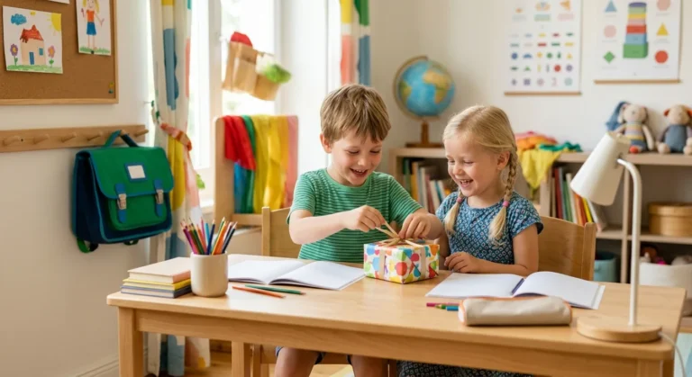 85 originelle Geldgeschenke zur Einschulung 2026 8 Zwei Kinder öffnen eine bunt verpackte Geschenkbox am Schreibtisch mit Heften, Stiften und Ranzen im Hintergrund.