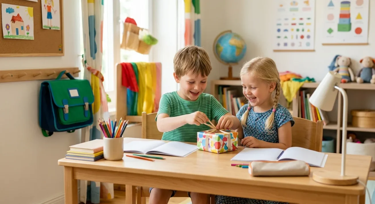 Zwei Kinder öffnen eine bunt verpackte Geschenkbox am Schreibtisch mit Heften, Stiften und Ranzen im Hintergrund.