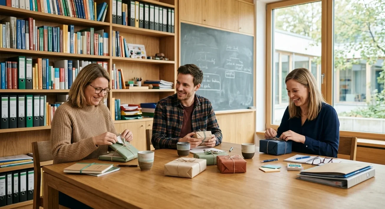 Drei Personen verpacken Geschenke am Holztisch in einem Raum mit Bücherregalen und Tafel.