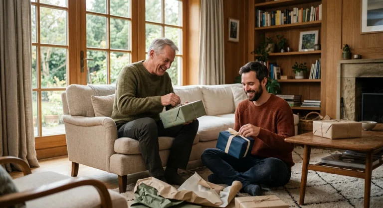 Älterer Mann auf Sofa und jüngerer Mann am Boden öffnen Geschenkpakete im hellen Wohnzimmer.