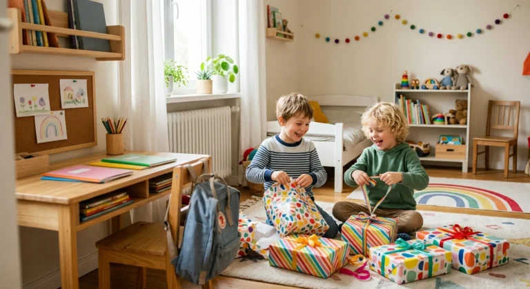Zwei Jungen öffnen bunt verpackte Geschenke in einem hellen Kinderzimmer mit Schreibtisch und Regenbogen-Deko.