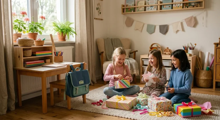 Drei Mädchen sitzen auf einem Teppich im Kinderzimmer und packen bunt verpackte Geschenke aus.