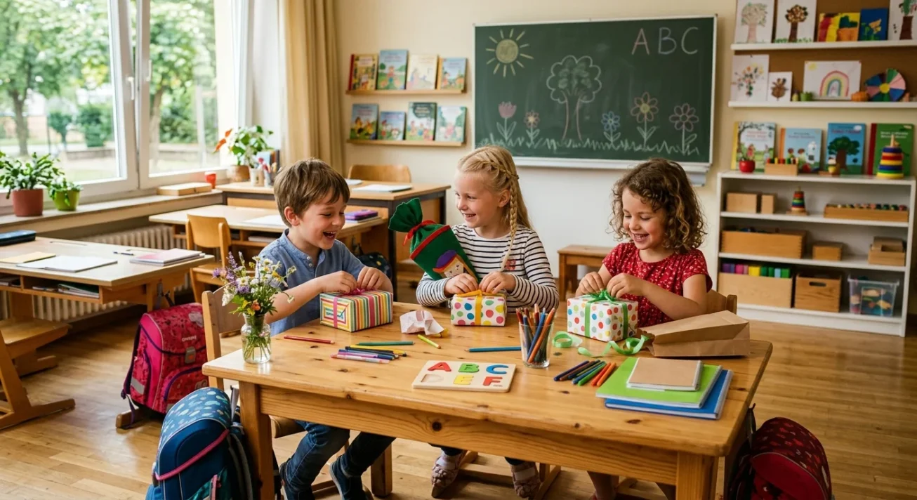 Drei Kinder öffnen bunte Geschenke an einem Tisch im Klassenzimmer, umgeben von Stiften, Heften und Rucksäcken.