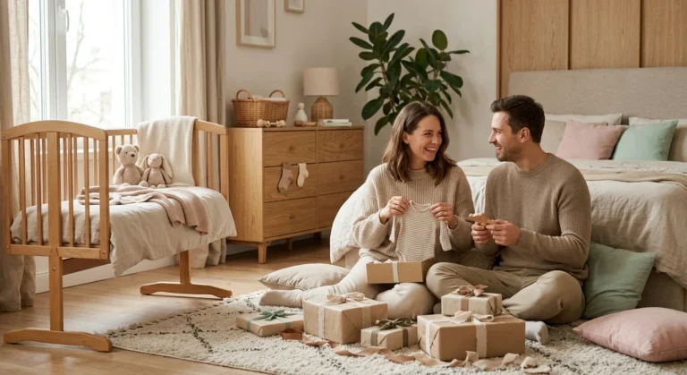 Paar sitzt im gemütlichen Schlafzimmer und öffnet Babygeschenke, umgeben von verpackten Päckchen, Wiege und Kuscheltieren.