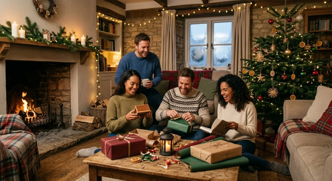 Vier Erwachsene öffnen Geschenke in einem gemütlichen Wohnzimmer mit Kamin und geschmücktem Weihnachtsbaum.