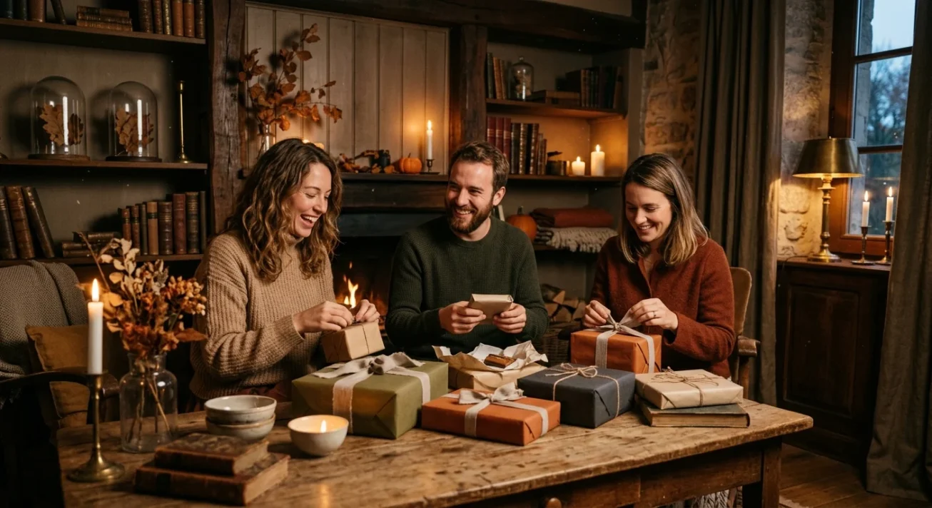 Drei Erwachsene verpacken Geschenke an einem rustikalen Holztisch mit Kerzen und herbstlicher Deko