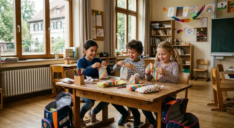 92 kleine Mitgebsel zur Einschulung 2026 3 Drei Grundschulkinder öffnen kleine, bunt verpackte Geschenktüten an einem Tisch im Klassenzimmer