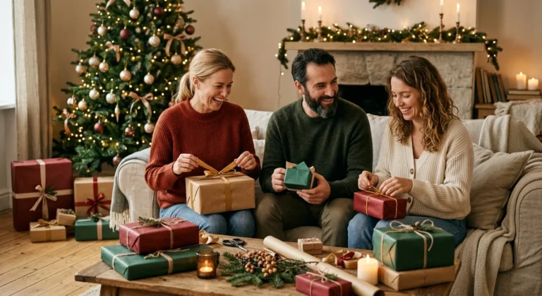 Drei Erwachsene öffnen Geschenke auf dem Sofa vor Weihnachtsbaum und Kerzen in gemütlichem Wohnzimmer.