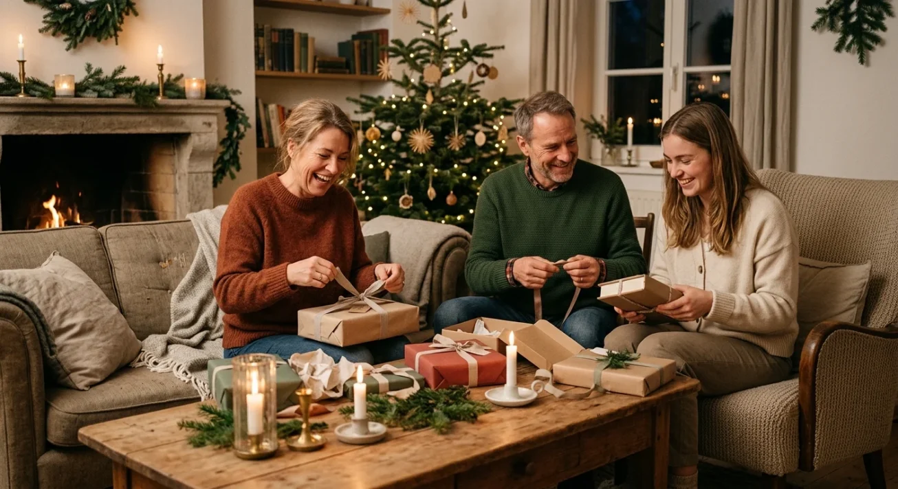 Drei Erwachsene öffnen Geschenke in einem gemütlichen Wohnzimmer mit Weihnachtsbaum, Kamin und Kerzen