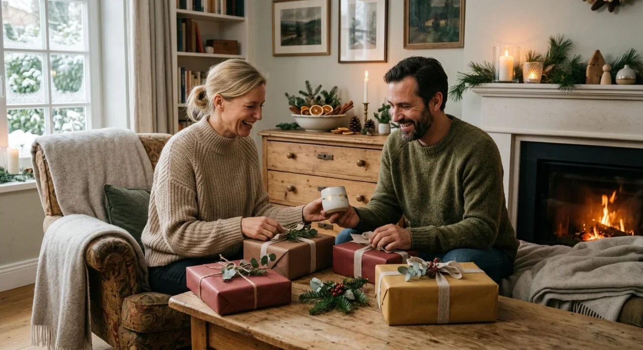 Zwei Personen tauschen vor einem Kamin winterlich verpackte Geschenke in einem gemütlichen Wohnzimmer aus