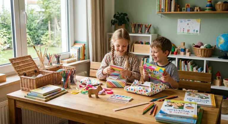 95 Ideen zum Schultüte füllen 2026 - Junge & Mädchen 2 Zwei Kinder öffnen bunt verpackte Geschenke an einem Holztisch mit Malstiften, Wasserfarben und Büchern.