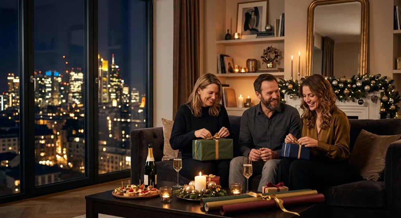 Drei Erwachsene öffnen Geschenke in gemütlichem Wohnzimmer mit Kerzen, Sekt und Stadtblick bei Nacht.
