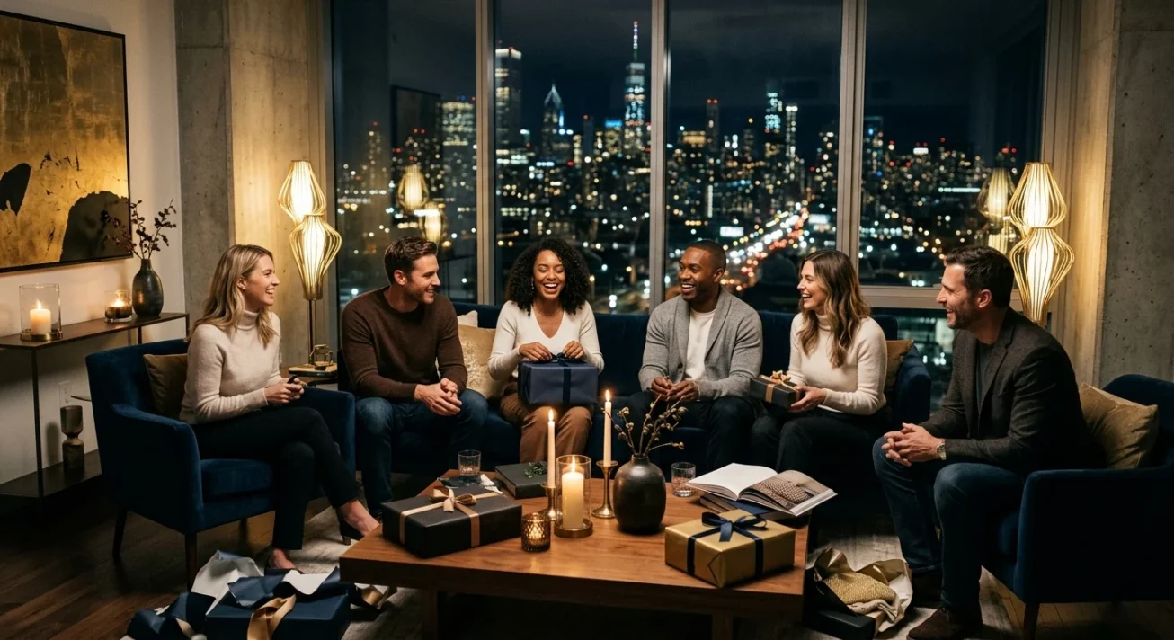 Sechs Freunde in modernem Wohnzimmer bei Nacht, mit Kerzen und verpackten Geschenken auf dem Tisch