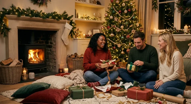 Weihnachtsgeschenke 2026: Was am meisten verschenkt wird und wie du das passende Geschenk findest 6 Drei Freunde öffnen Geschenke vor einem geschmückten Weihnachtsbaum am Kamin, umgeben von Kerzen und Deko