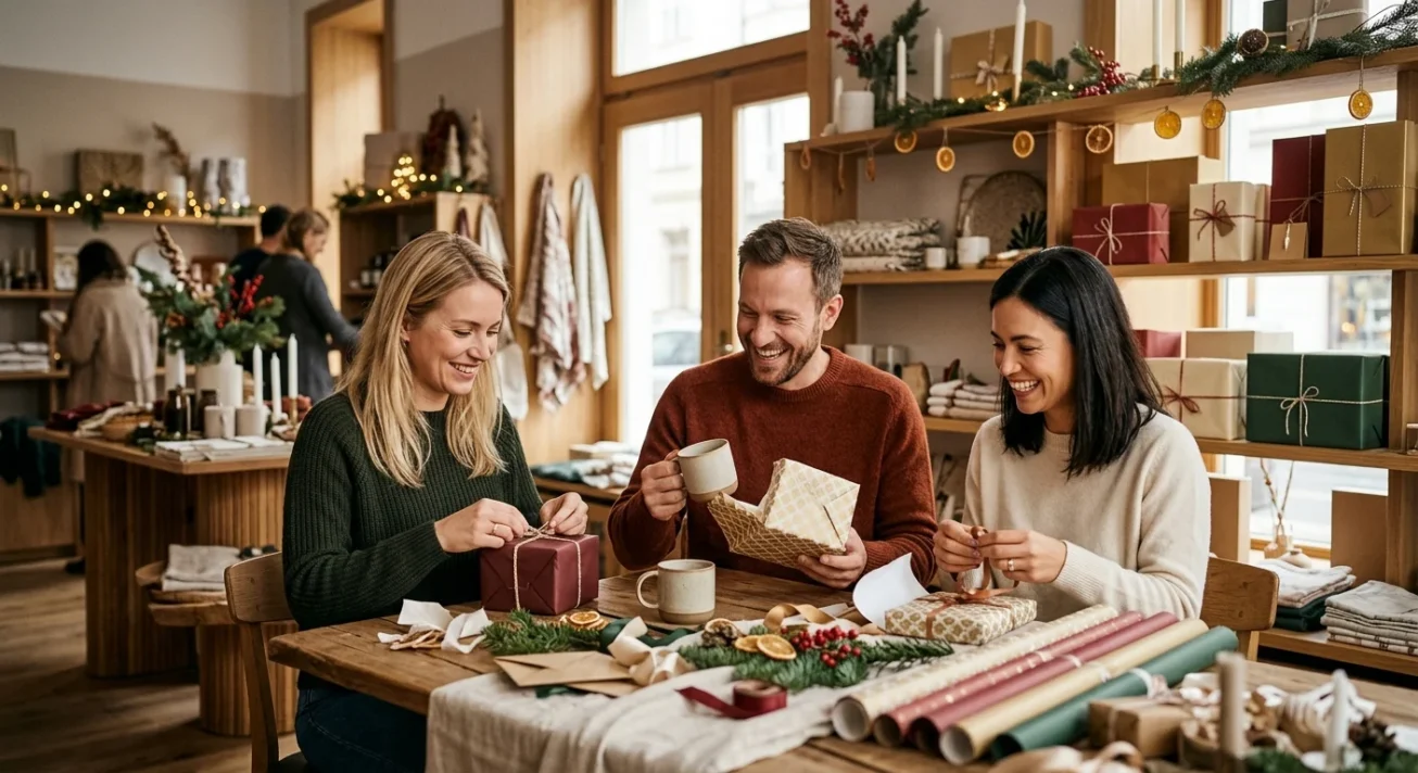 Drei Freunde verpacken Geschenke an einem Holztisch in festlich dekoriertem Laden mit Papier, Bändern und Tannengrün.