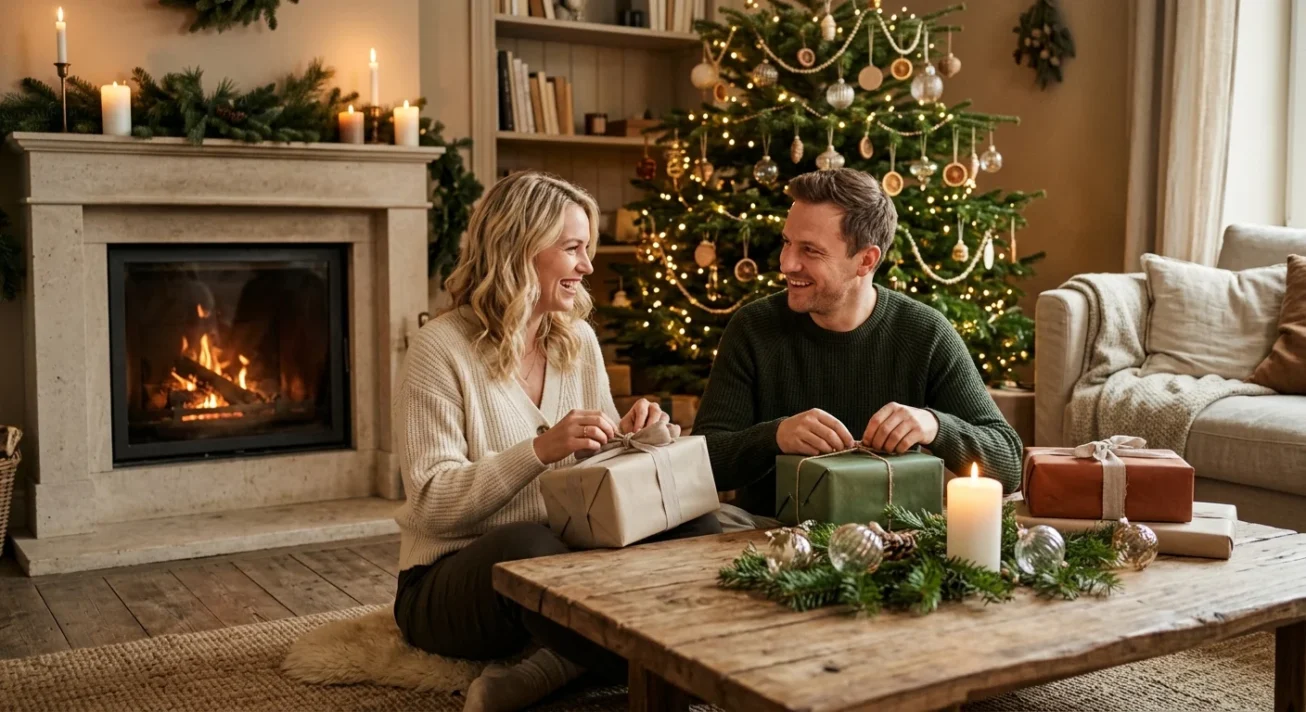 Weihnachtsgeschenke für den Freund: Die besten Ideen nach Interessen und Budget 25 Paar verpackt Geschenke vor Weihnachtsbaum und Kamin; Kerzen auf Holztisch, gemütliche Stimmung