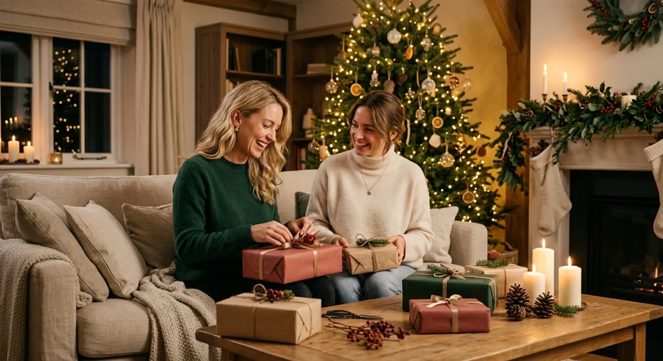 Weihnachtsgeschenke für die beste Freundin 2026: Persönliche Ideen und aktuelle Geschenktrends 26 Zwei Frauen verpacken Geschenke auf dem Sofa vor einem beleuchteten Weihnachtsbaum und Kerzen im gemütlichen Wohnzimmer