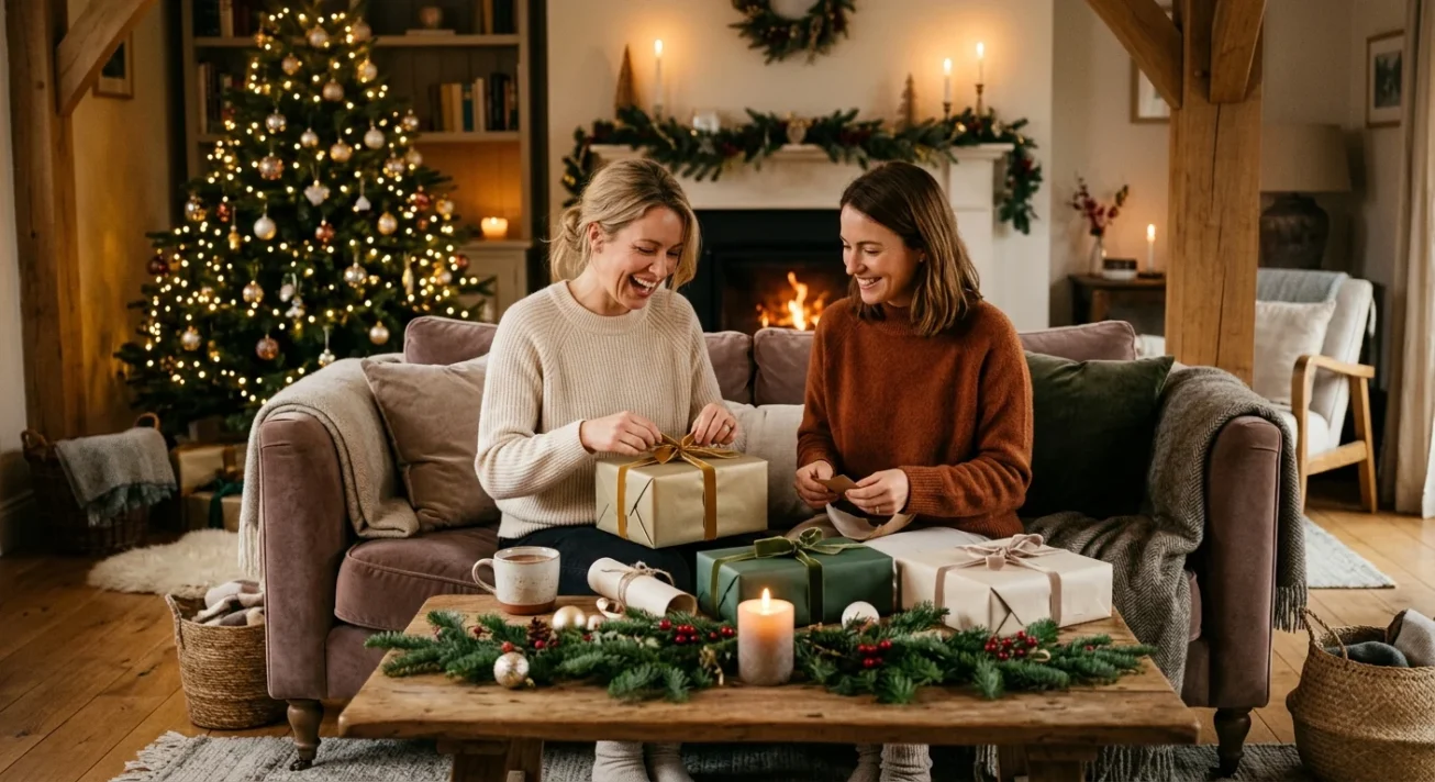 Zwei Frauen verpacken Geschenke auf dem Couchtisch vor Kamin und geschmücktem Weihnachtsbaum im gemütlichen Wohnzimmer