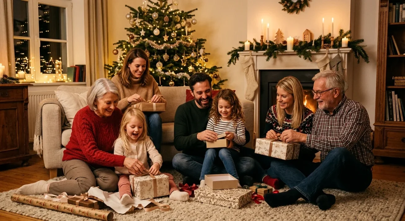 Mehrgenerationenfamilie vor Weihnachtsbaum und Kamin, Eltern, Kinder und Großeltern öffnen gemeinsam Geschenke