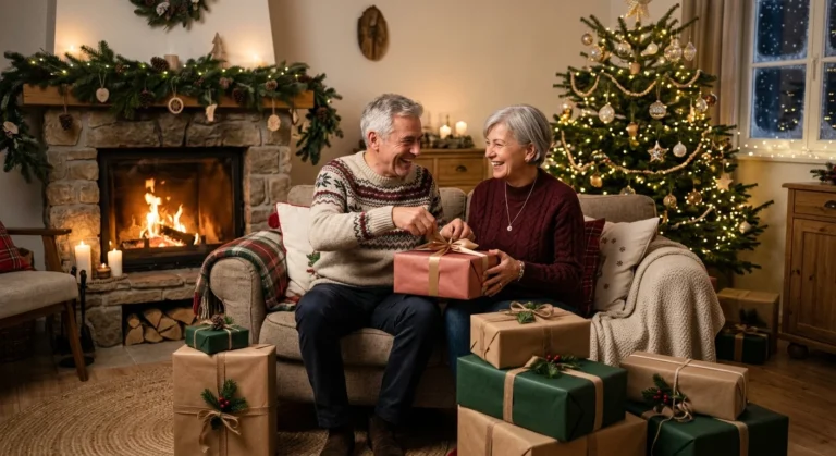 Älteres Paar öffnet Geschenk vor Kamin und festlich geschmücktem Weihnachtsbaum im gemütlichen Wohnzimmer