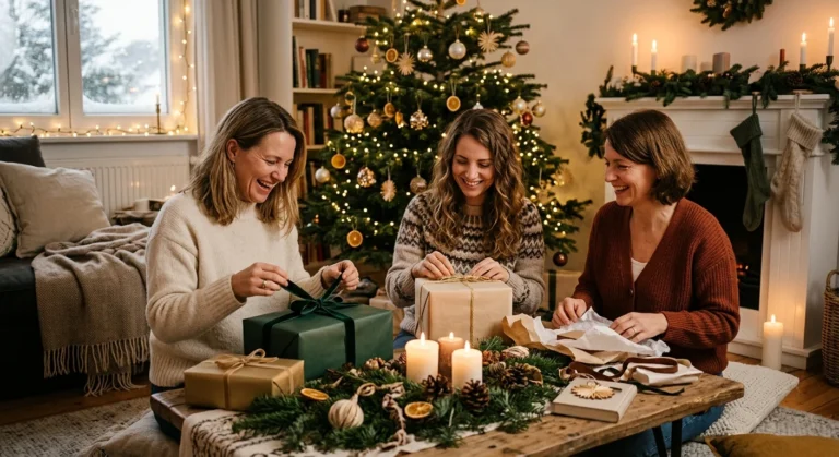 Drei Frauen sitzen vor einem Weihnachtsbaum und verpacken Geschenke an einem Tisch mit Kerzen.