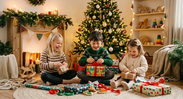 Drei Kinder öffnen Geschenke vor einem geschmückten Weihnachtsbaum im gemütlichen Wohnzimmer