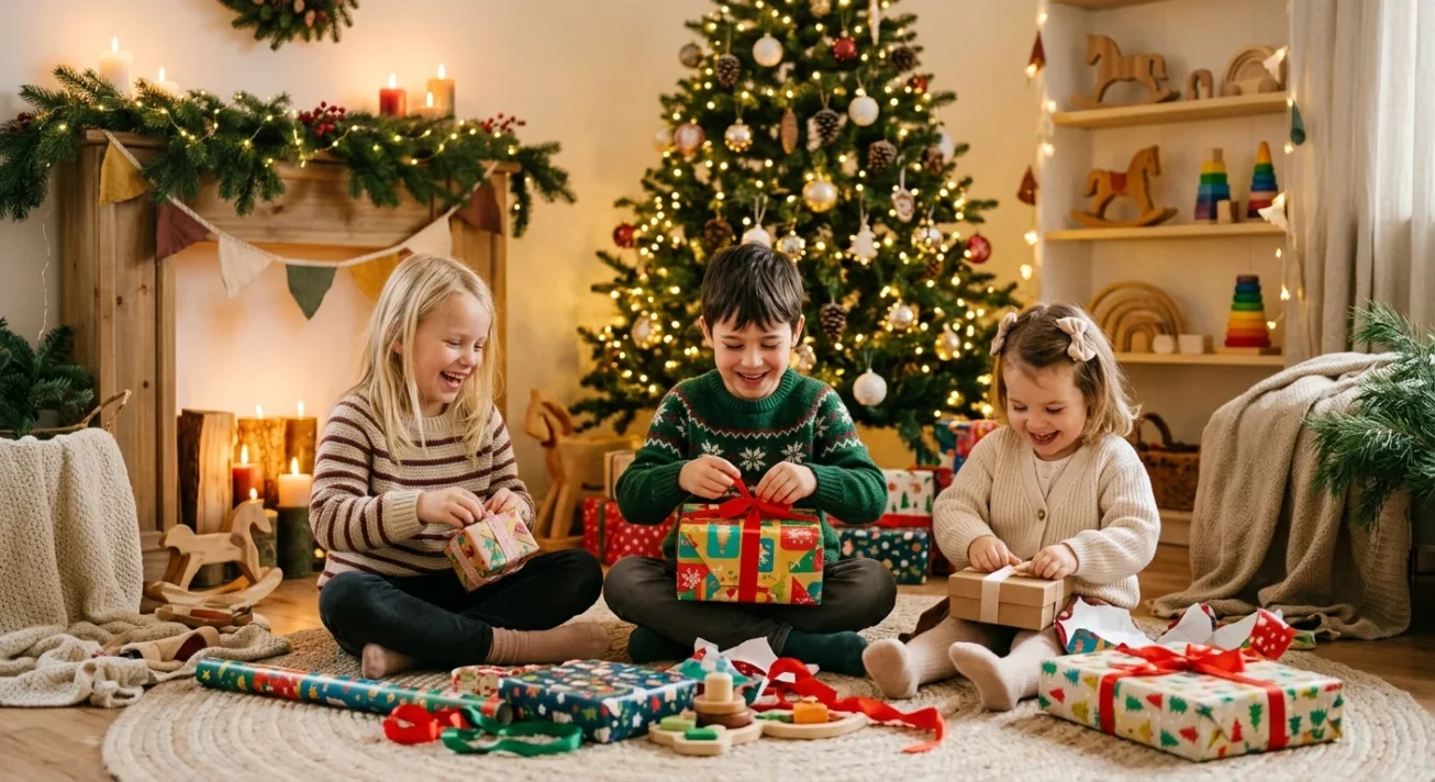 Weihnachtsgeschenke für Kinder 2026 finden: Altersgerechte Auswahl, Qualität und Sicherheit im Fokus 1 Drei Kinder öffnen Geschenke vor einem geschmückten Weihnachtsbaum im gemütlichen Wohnzimmer