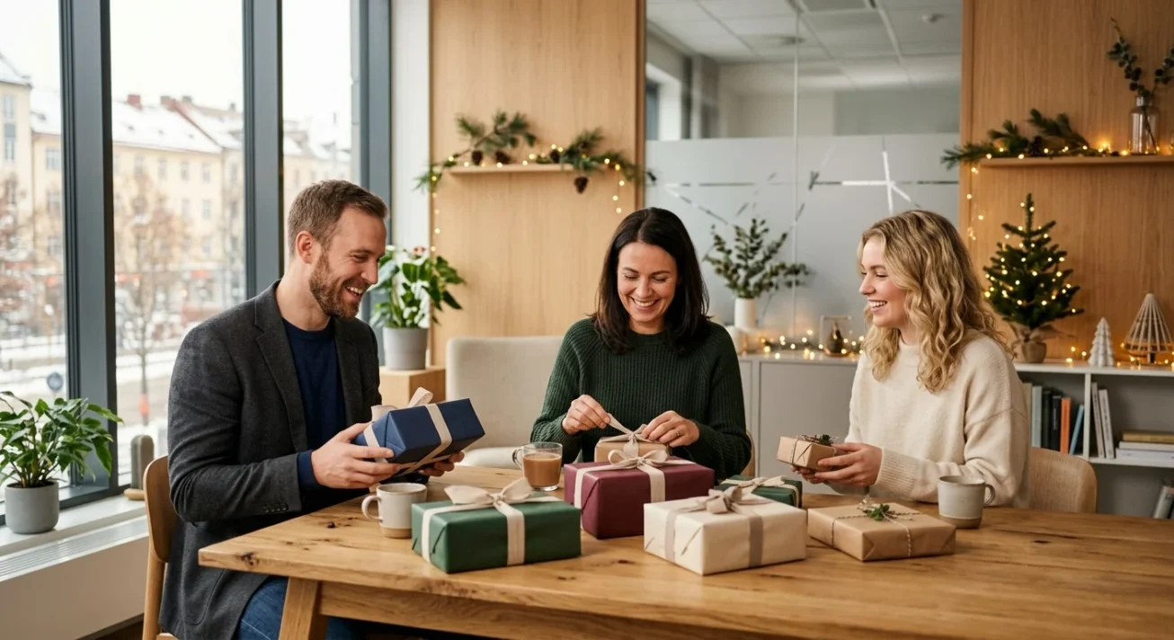 Drei Kollegen verpacken Geschenke an einem festlich dekorierten Bürotisch
