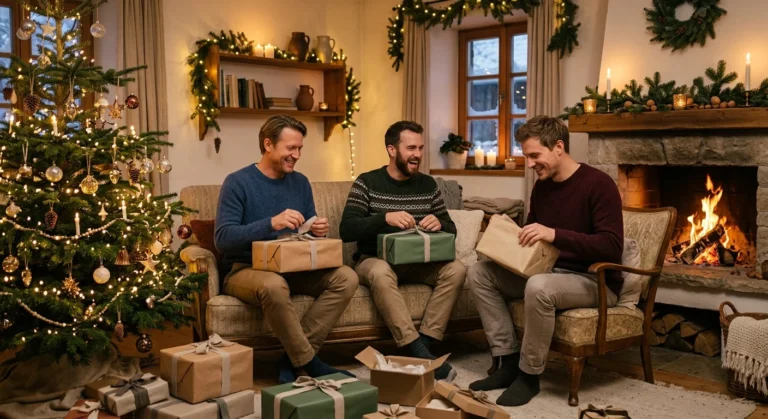 Drei Männer öffnen Geschenke im weihnachtlich geschmückten Wohnzimmer mit Tannenbaum und Kaminfeuer