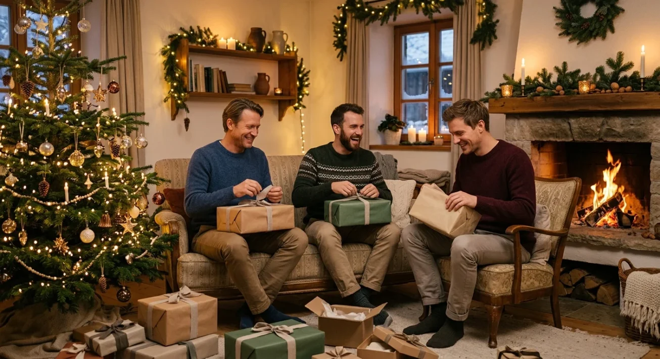 Weihnachtsgeschenke für Männer 2026: Die besten Ideen nach Interessen, Typ und Budget 2 Drei Männer öffnen Geschenke im weihnachtlich geschmückten Wohnzimmer mit Tannenbaum und Kaminfeuer