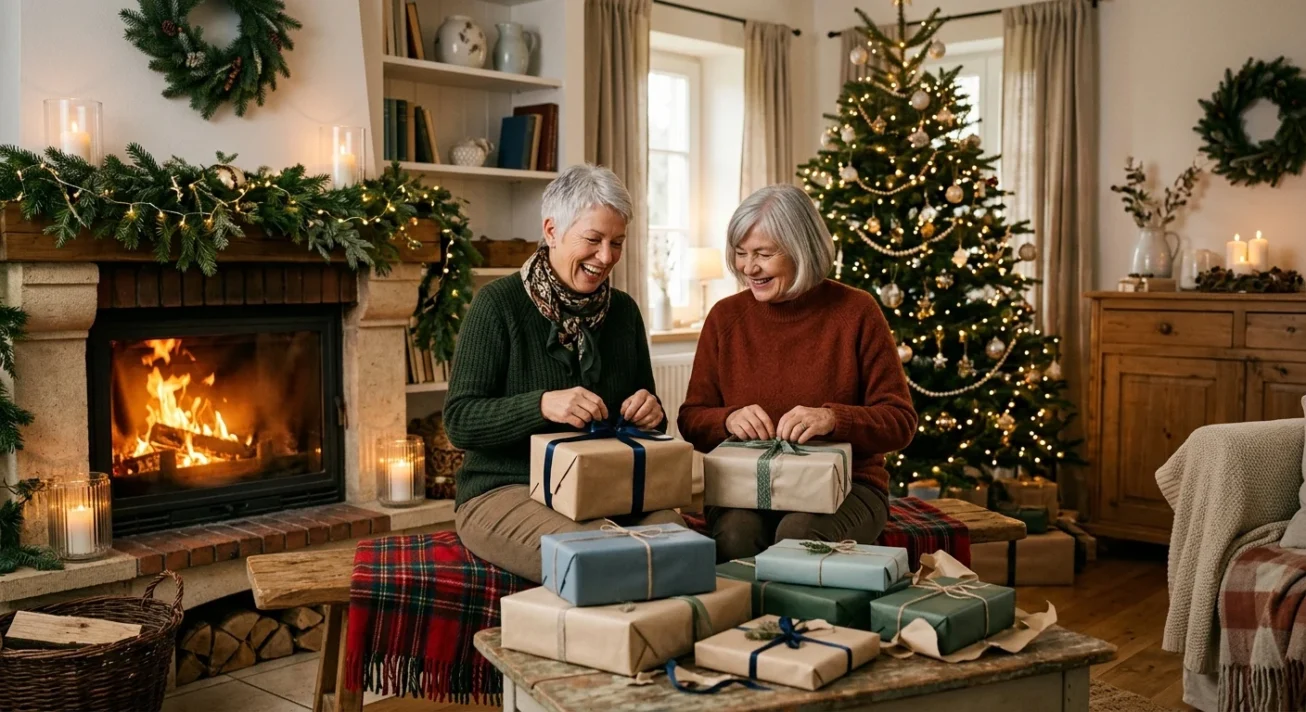 Weihnachtsgeschenke für Oma, die 2026 echte Freude und Erinnerungen schenken 26 Zwei ältere Frauen sitzen vor Kamin und Weihnachtsbaum und verpacken Geschenke auf einer Bank