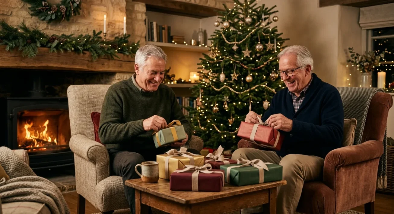Weihnachtsgeschenke für Opa, die persönliche Interessen und Familienbindung stärken 25 Zwei ältere Männer öffnen verpackte Geschenke vor Kamin und Weihnachtsbaum in einem gemütlichen Wohnzimmer
