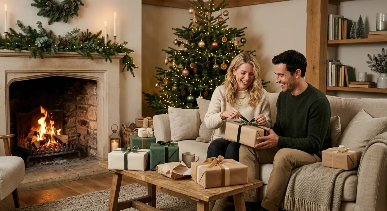 Weihnachtsgeschenke für Paare nach Interessen auswählen und gezielt gemeinsame Zeit schenken 26 Paar auf Sofa bindet Geschenkband, weihnachtlich geschmücktes Wohnzimmer mit Tannenbaum und Kamin