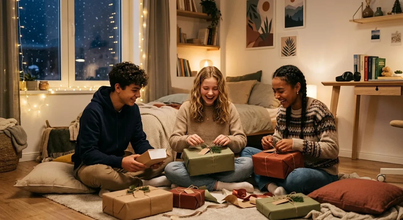Weihnachtsgeschenke für Teenager 2026: Technik, Erlebnisse und Tipps für passende Auswahl 25 Drei Teenager sitzen in einem gemütlichen Zimmer und öffnen verpackte Geschenke auf dem Teppich