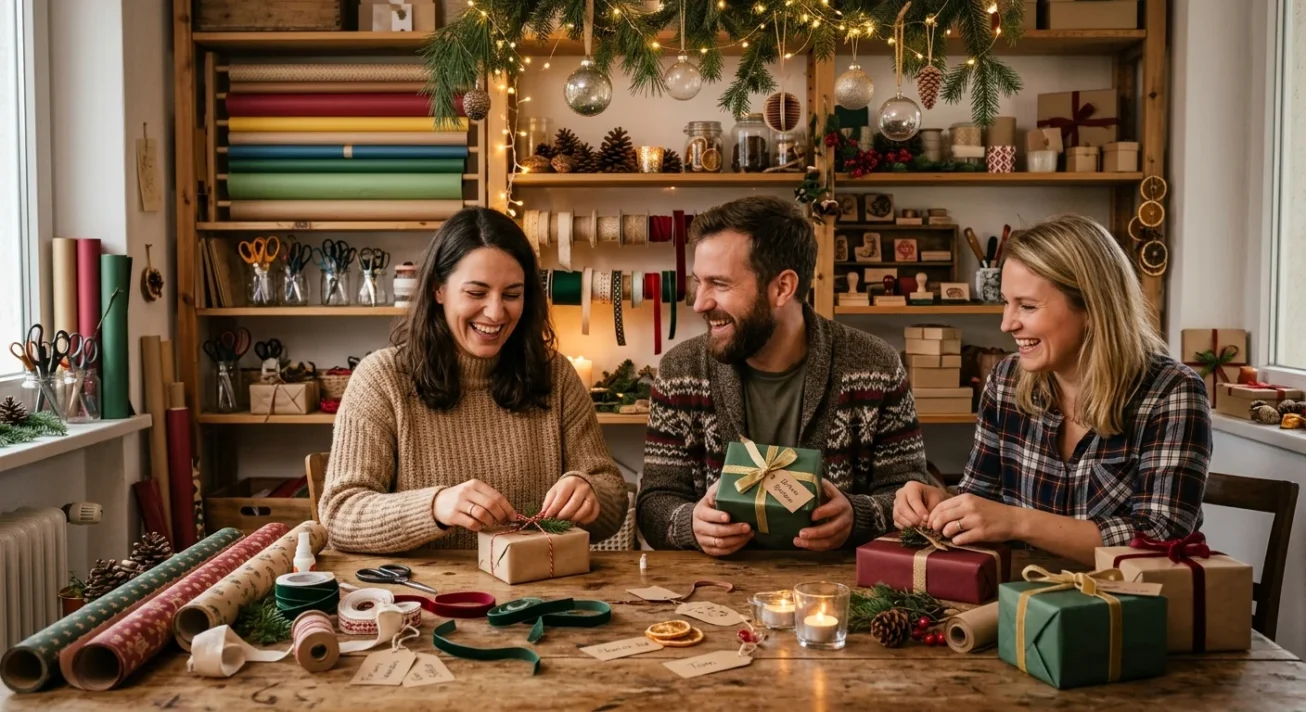 Drei Menschen verpacken Geschenke an einem Holztisch mit Papierrollen, Schleifen, Tannengrün und Kerzen im gemütlichen Raum
