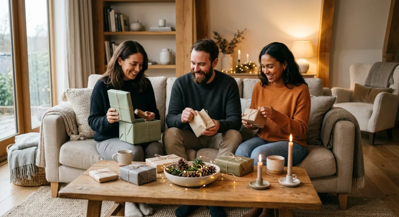 Wichtelgeschenke bis 5 Euro sorgen für Kreativität und faire Überraschungen beim Wichteln 25 Drei Personen sitzen auf dem Sofa und öffnen kleine Geschenke bei Kerzenlicht in einem gemütlichen Wohnzimmer