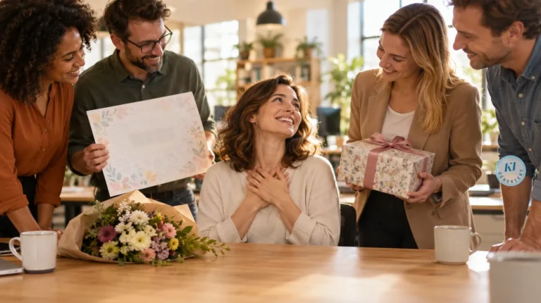 Kollegin bekommt zum Abschied Blumen, eine Karte mit Unterschriften und ein Geschenk von ihrem Team im Büro