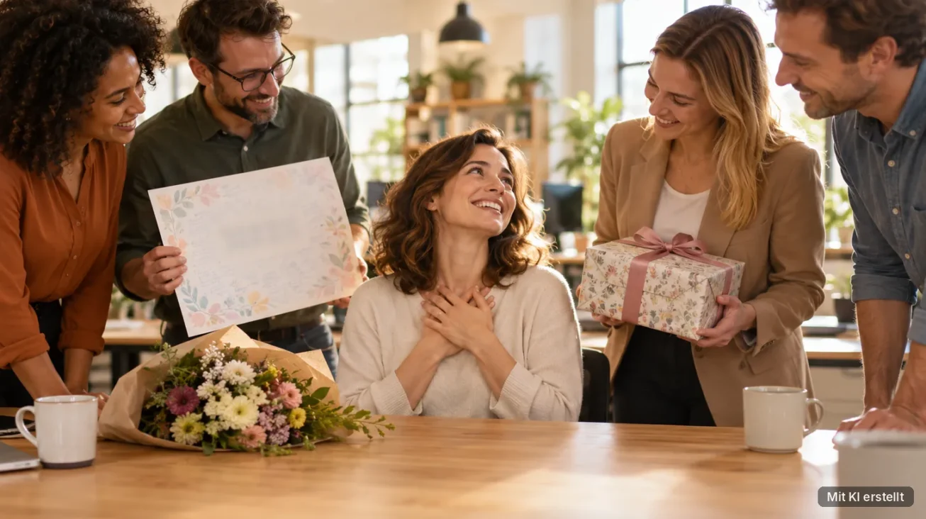 Kollegin bekommt zum Abschied Blumen, eine Karte mit Unterschriften und ein Geschenk von ihrem Team im Büro